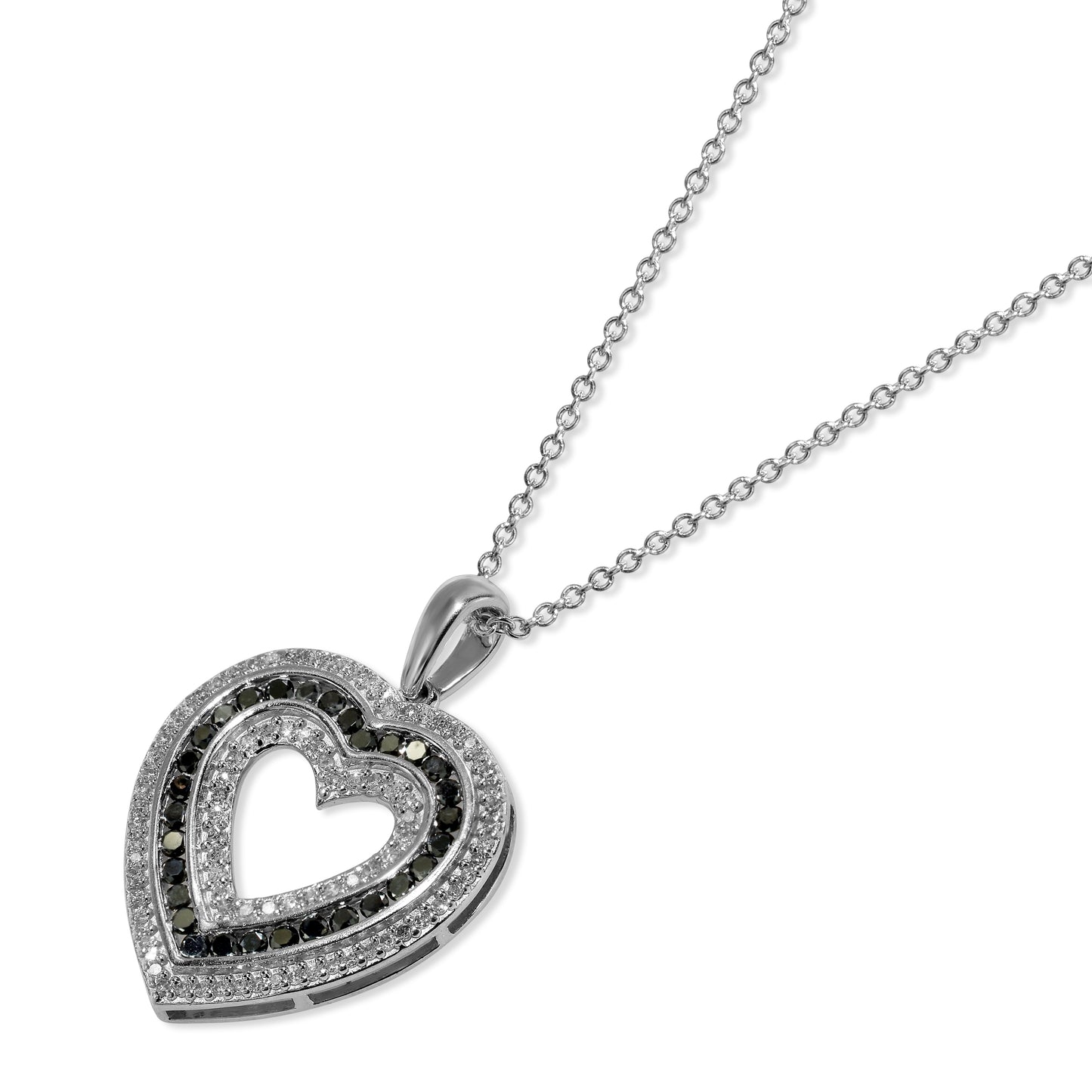 14k White Gold Black/White Diamond Open Heart Pendant Necklace