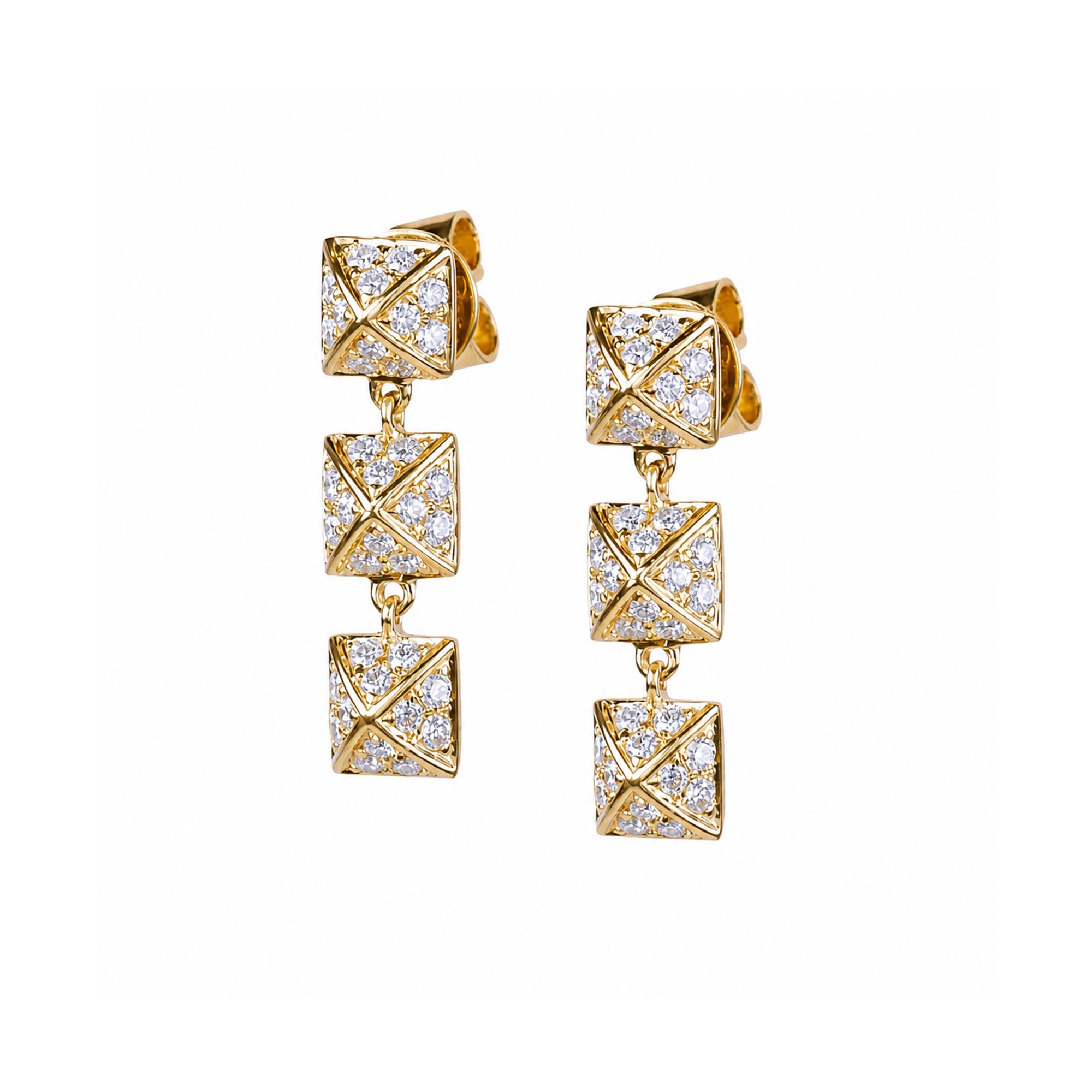 14k Diamond Triple Pyramid Dangle Post Earring