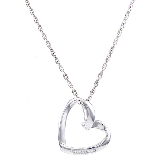 14k White Gold Diamond Open Heart Slider Pendant Necklace