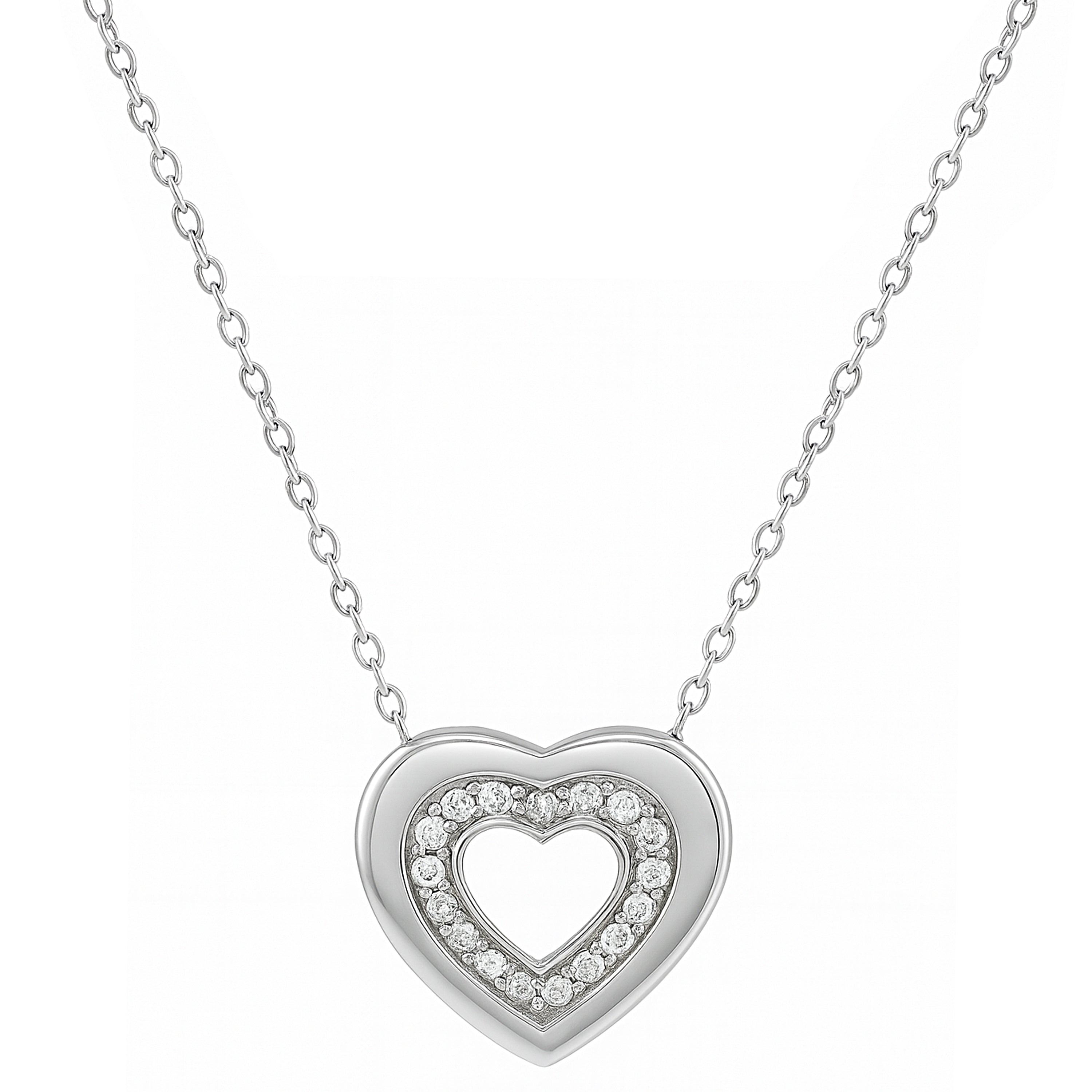 14k White Gold Diamond Open Heart Slider Pendant Necklace