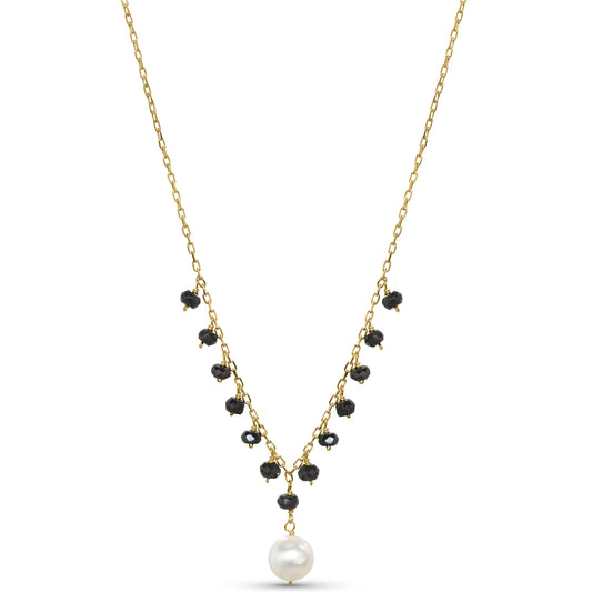 14k Black Spinel White Pearl Drop Necklace