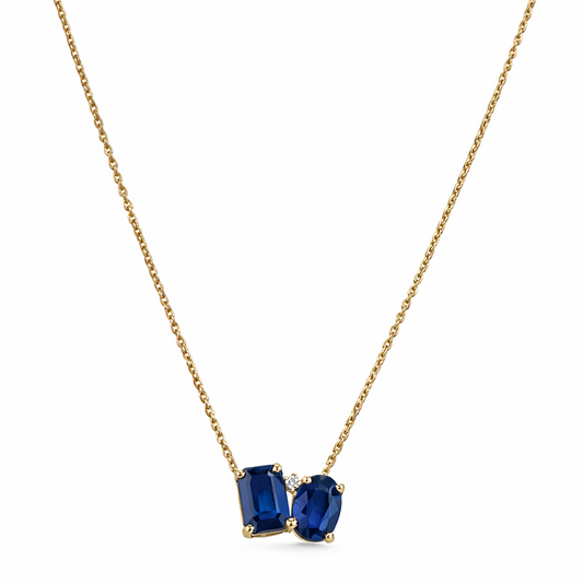 14k Sapphire Diamond Square & Oval Motif Necklace