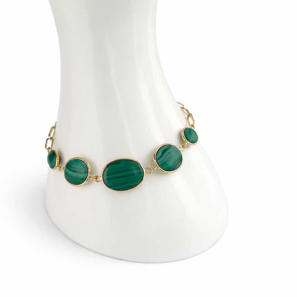 14k Malachite 5 Bezel Paperclip Bracelet