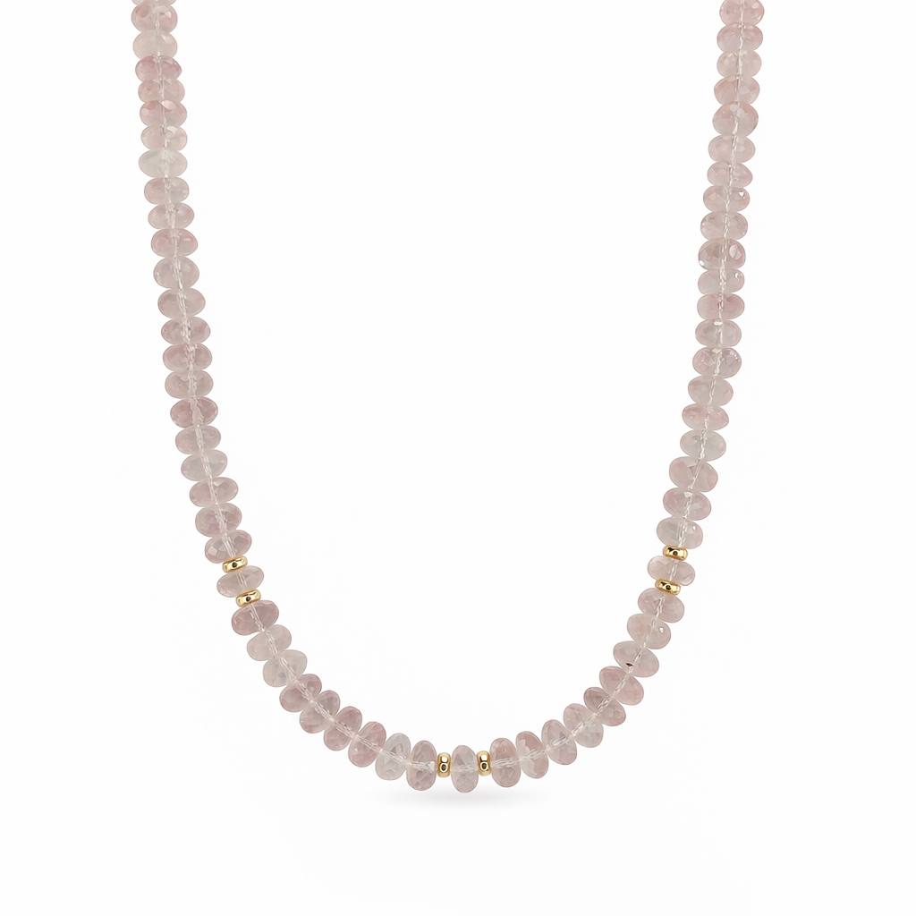 14k Rose Quartz Gold Roundel 3 Station Necklace