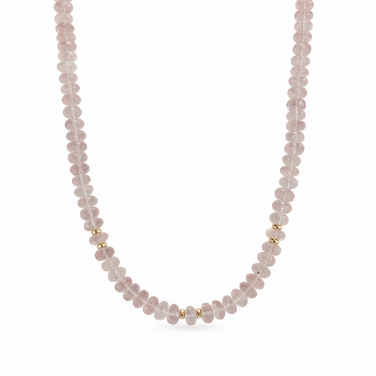 14k Rose Quartz Gold Roundel 3 Station Necklace