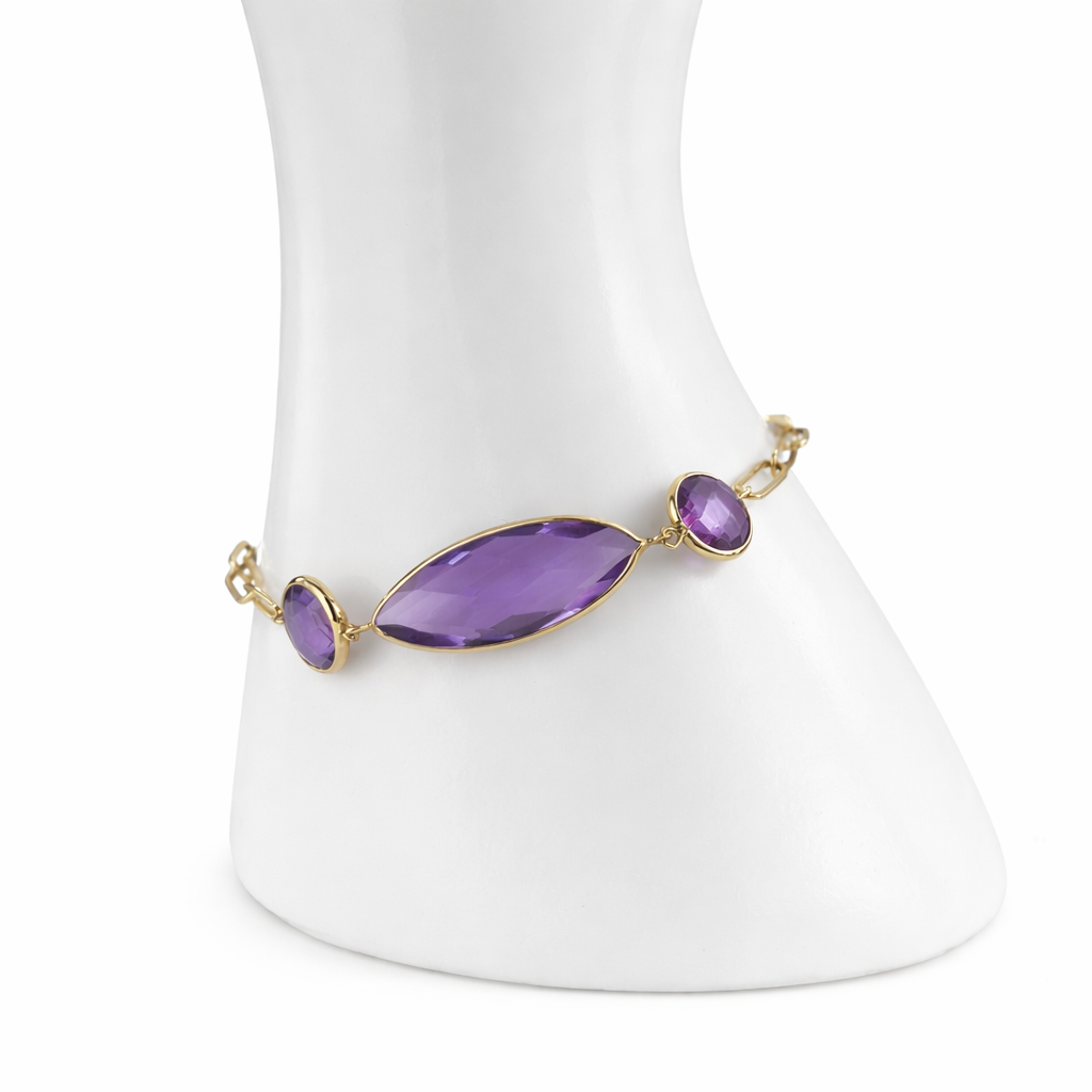 14k Amethyst Round and Marquise Paperclip Bracelet