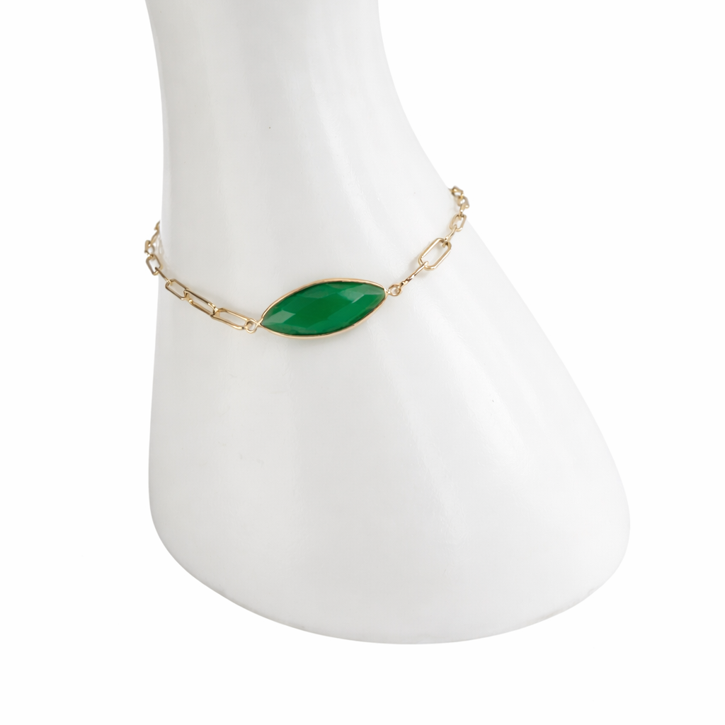 14k Green Onyx Marquise Center Paperclip Bracelet