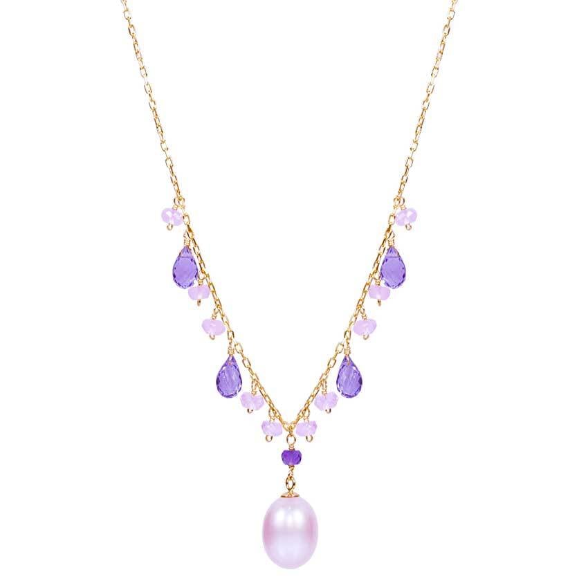 14k Pink Pearl, Amethyst, and Rose Quartz Necklace 17" freeshipping - Jewelmak Shop