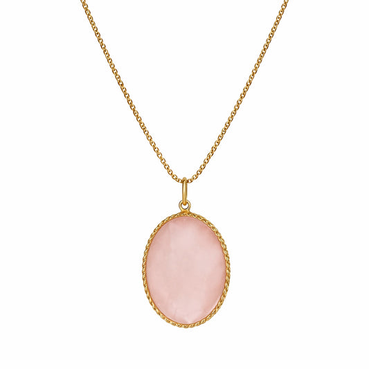 14k Rose Quartz Bezel Oval Pendant Necklace