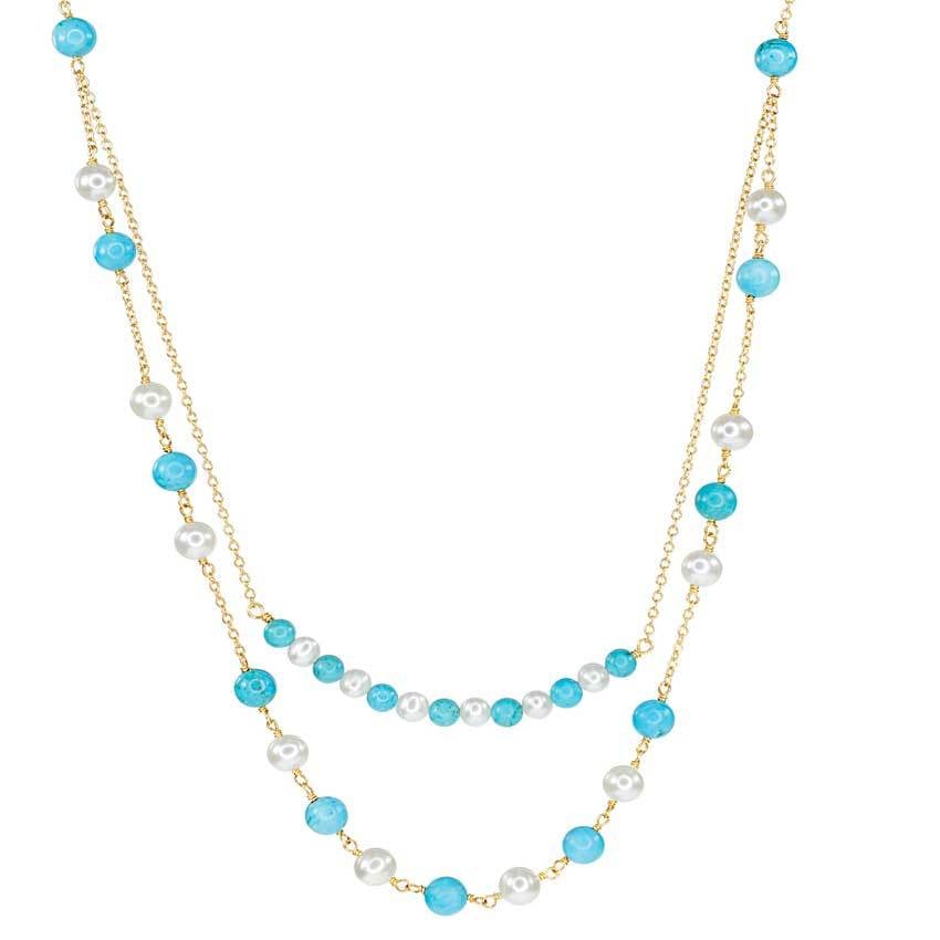 14k White Pearl Turquoise 2 Row Necklace 18/20" freeshipping - Jewelmak Shop