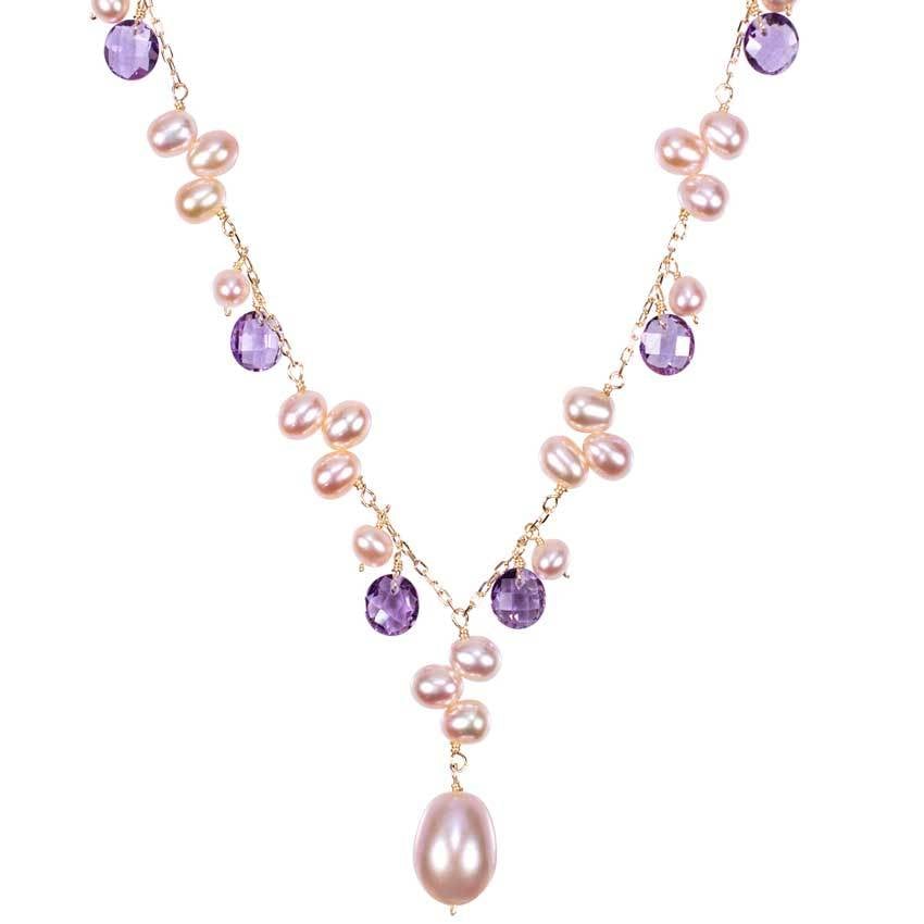 14k Pink Pearl Amethyst Necklace 18" freeshipping - Jewelmak Shop