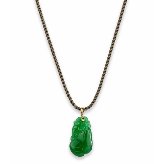 14K Green Jade Cabbage Necklace on Silk Rope